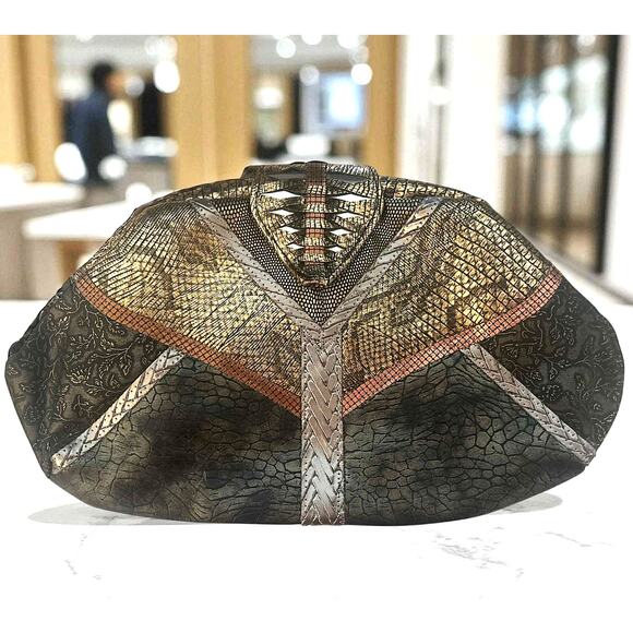 Vintage 80s Metallic Patchwork Clutch Bag Faux Snakeskin Geometric Evening Purse - Picture 1 of 3